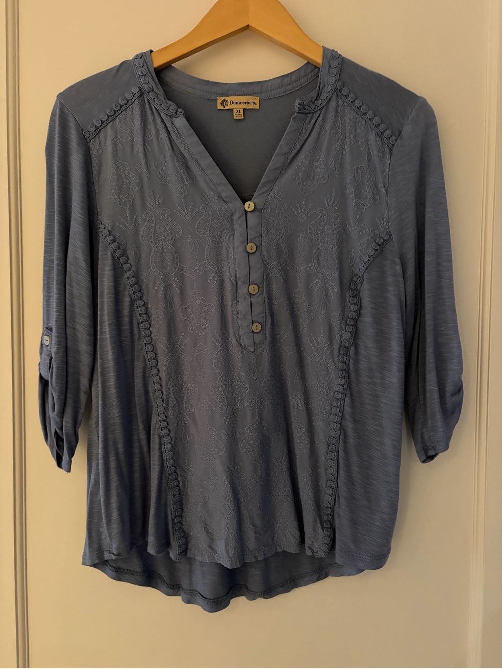 Democracy Steel Blue Pintuck Henley with Lace-Trim